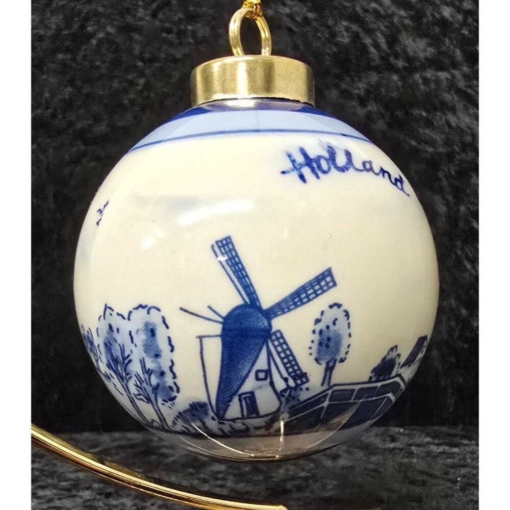 Holland Ceramic Ornament Hand Painted Blue 7 White 2.25"